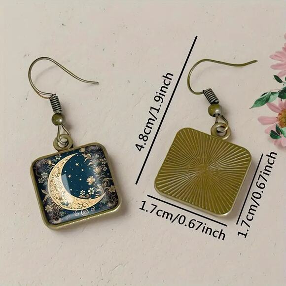 Glass Floral Moon Earrings – Retro Boho Jewelry with Zinc Alloy Hooks - Picture 2 of 14